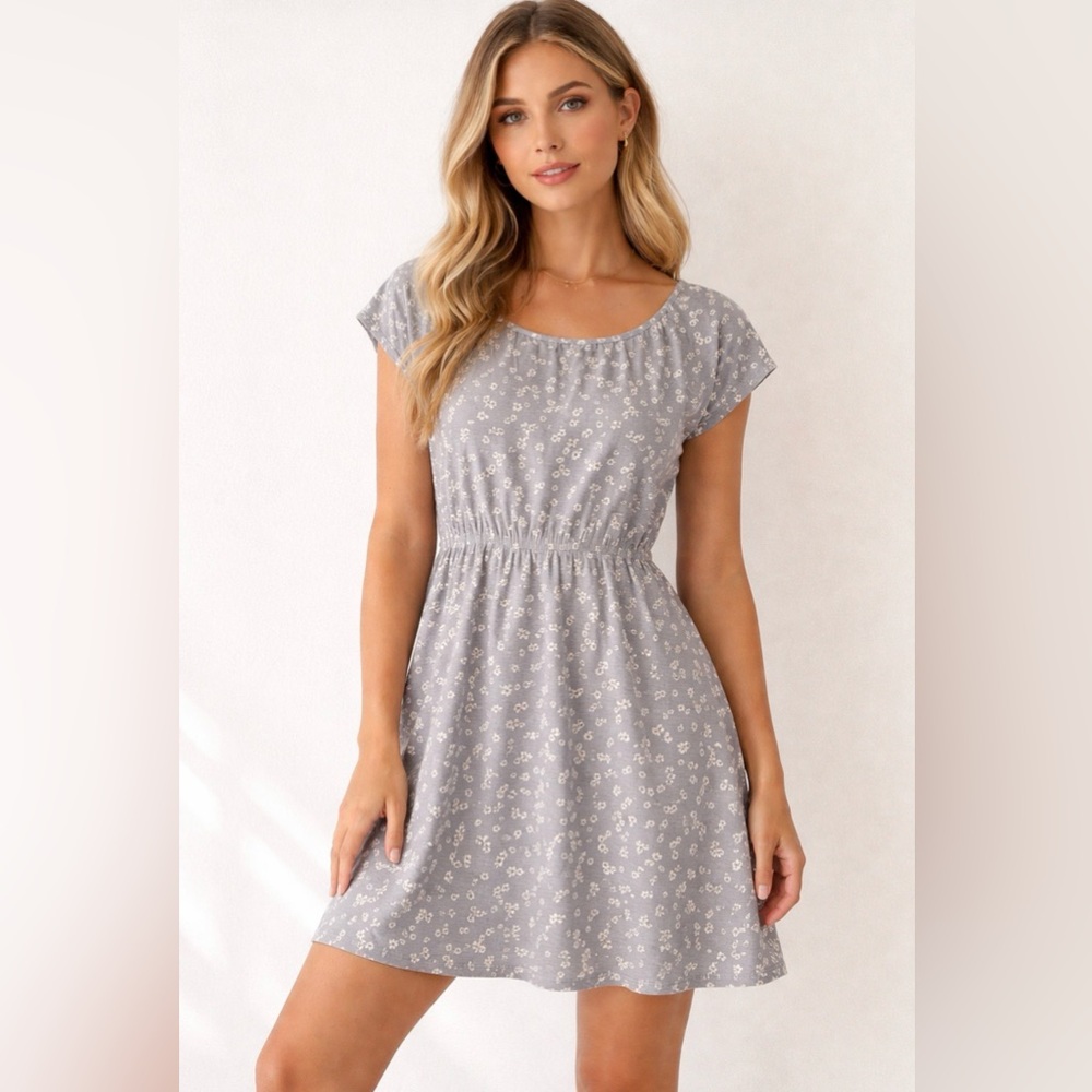 Boden Gray and Cream Print Dress size~ 8